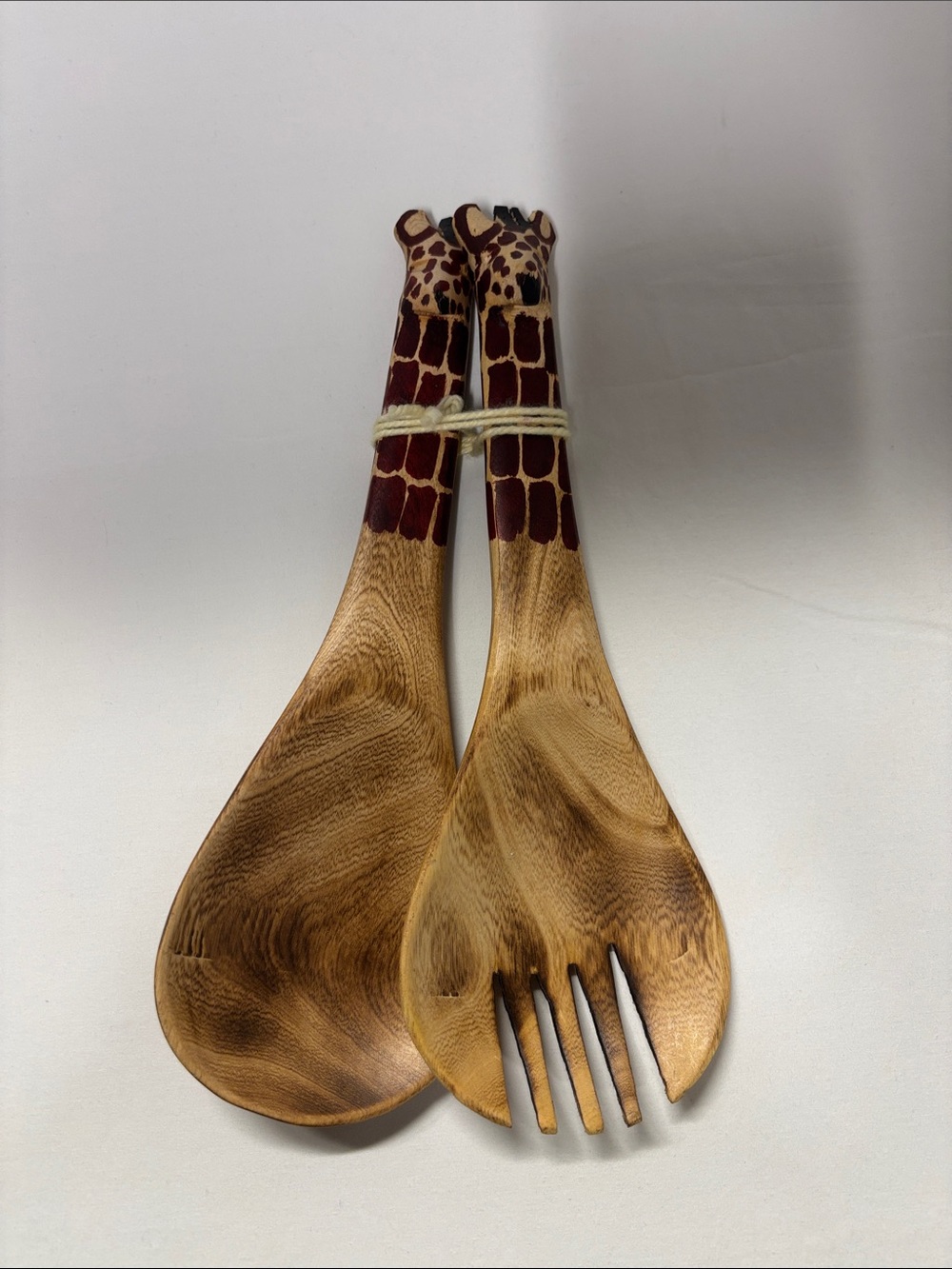 Handcrafted Wooden Salad Servers with Giraffe-Pattern Handles